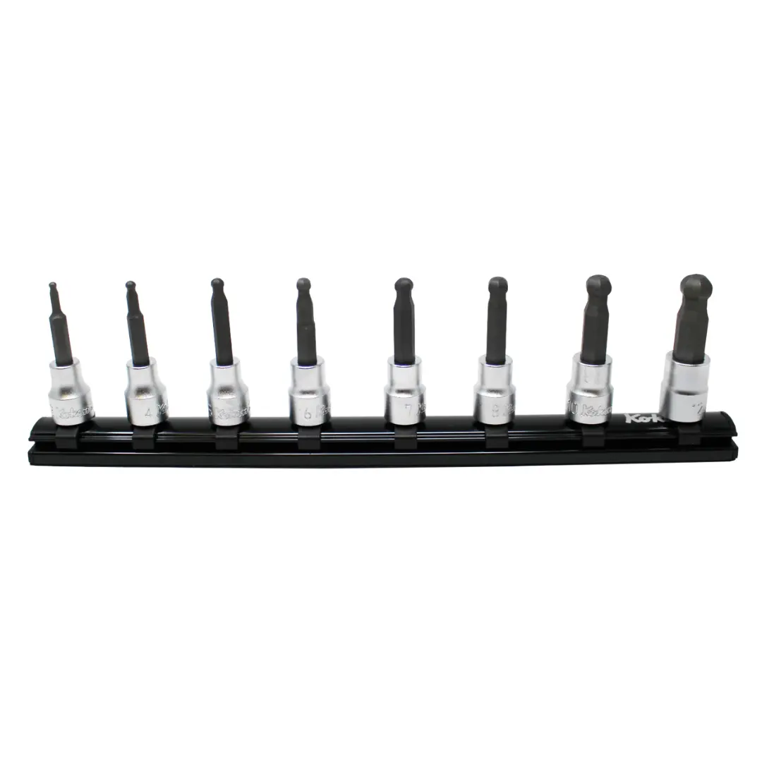 8 Piece 3/8" Sq. Dr. Ballpoint Hex 62mm Long Socket Set on Rail